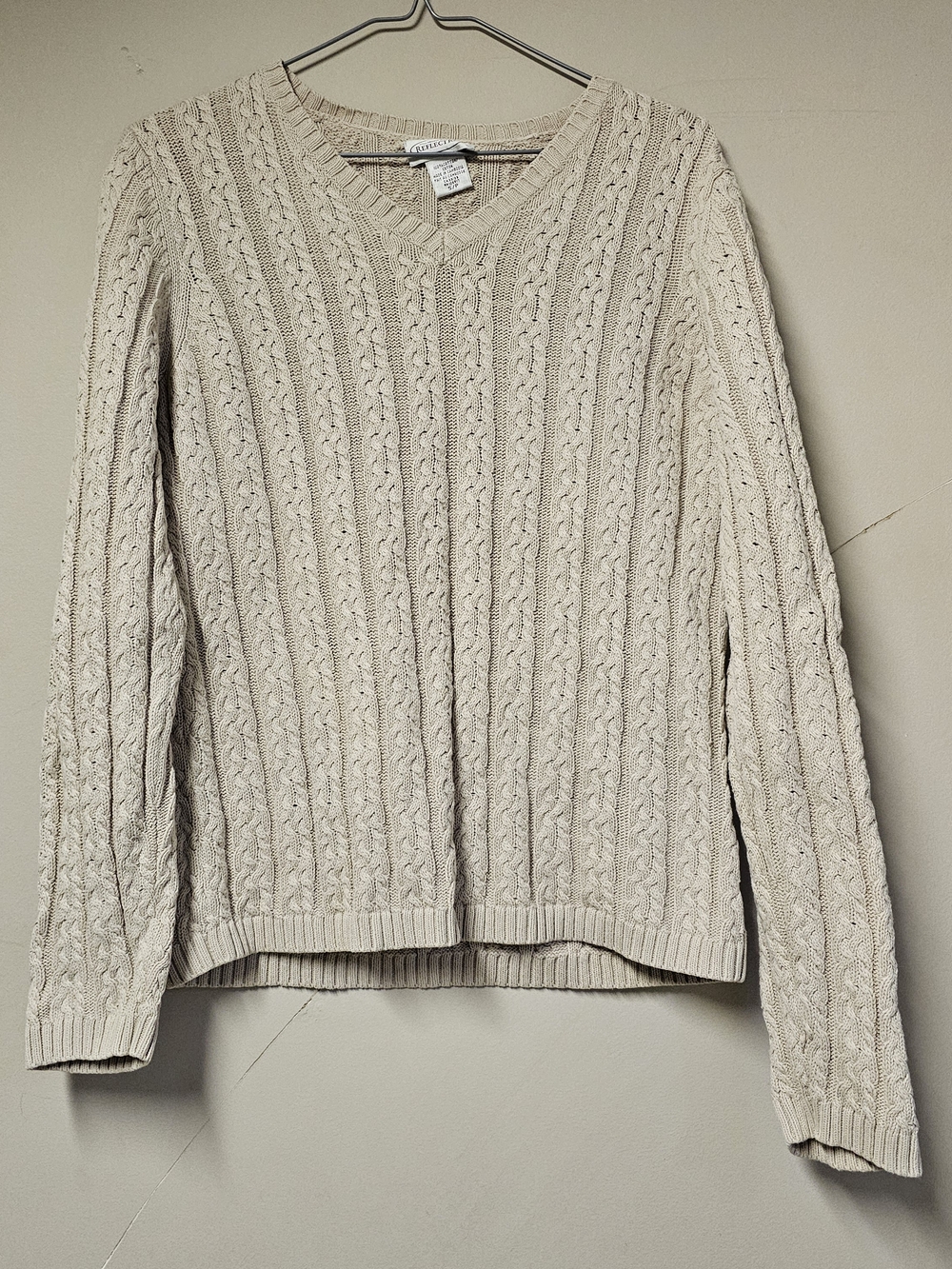 Northern Reflections Sweater S Petite Cable Knit Cotton Beige V-Neck